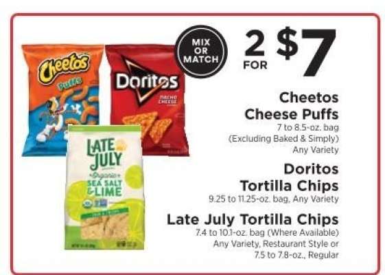Cheetos Cheese Puffs, Doritos Tortilla Chips, Late July Tortilla Chips