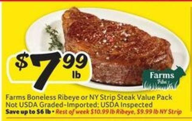 Farms Boneless Ribeye or NY Strip Steak Value Pack