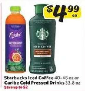 Starbucks Iced Coffee or Caribe Cold Pressed Drinks