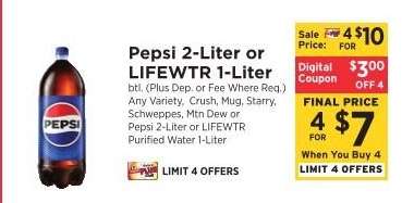 Pepsi 2-Liter or Lifewtr 1-Liter
