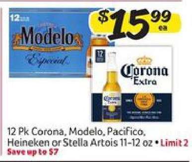 12 Pk Corona, Modelo, Pacifico, Heineken or Stella Artois