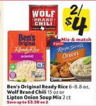 Ben's Original Ready Rice, Wolf Brand Chili, Lipton Onion Soup Mix