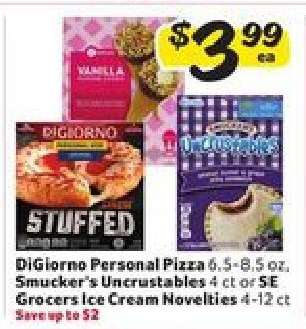 DiGiorno Personal Pizza, Smucker's Uncrustables, SE Grocers Ice Cream Novelties