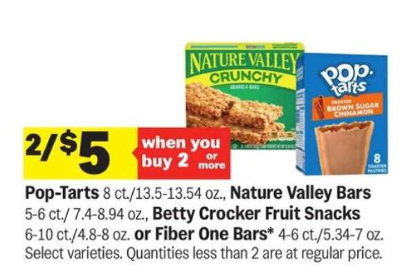 Pop-Tarts, Nature Valley Bars, Betty Crocker Fruit Snacks, Fiber One Bars