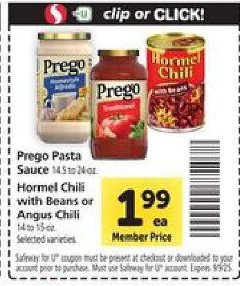 Prego Pasta Sauce or Hormel Chili