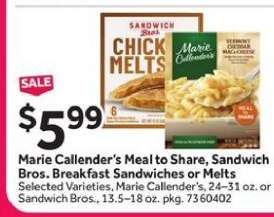 Marie Callender’s Meal to Share, Sandwich Bros. Breakfast Sandwiches or Melts