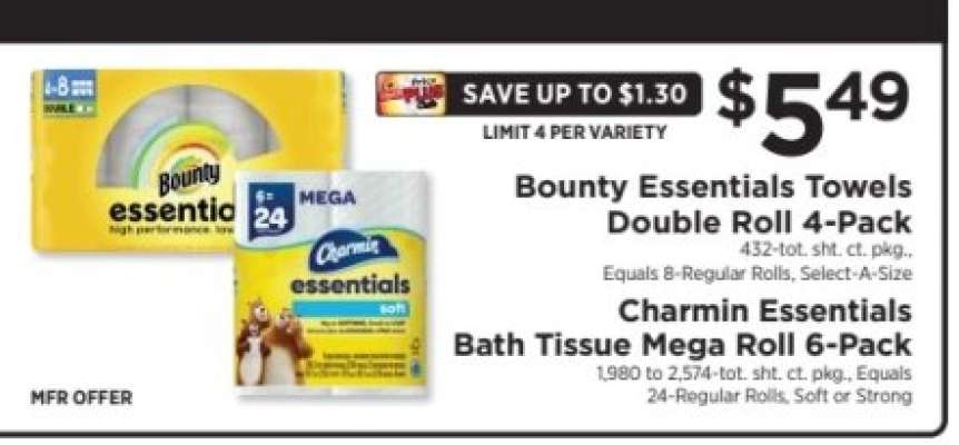 Bounty Essentials Towels Double Roll 4-Pack / Charmin Essentials Bath Tissue Mega Roll 6-Pack