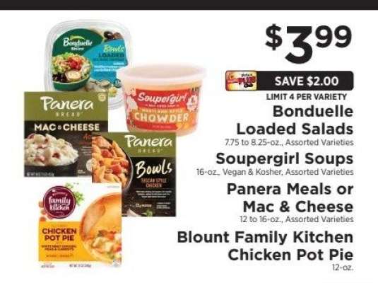 Bonduelle Loaded Salads, Soupergirl Soups, Panera Meals or Mac & Cheese, Blount Family Kitchen Chicken Pot Pie