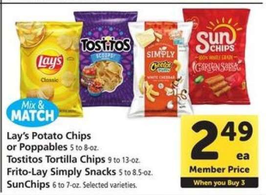 Lay's Potato Chips or Poppables, Tostitos Tortilla Chips, Frito-Lay Simply Snacks, SunChips