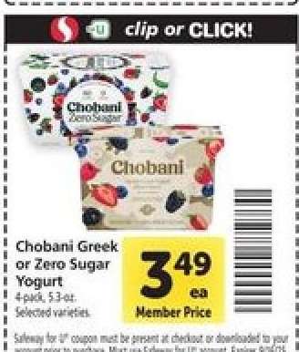 Chobani Greek or Zero Sugar Yogurt