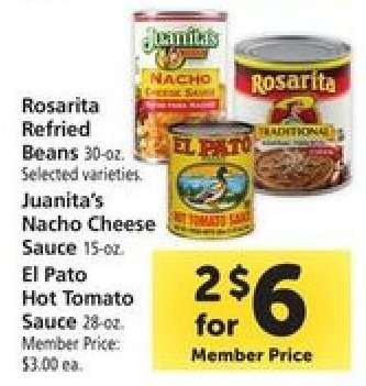 Rosarita Refried Beans, Juanita's Nacho Cheese Sauce, El Pato Hot Tomato Sauce