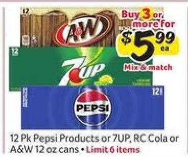 12 Pk Pepsi Products or 7UP, RC Cola or A&W 12 oz cans