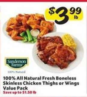 100% All Natural Fresh Boneless Skinless Chicken Thighs or Wings Value Pack