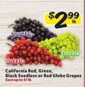 California Red, Green, Black Seedless or Red Globe Grapes