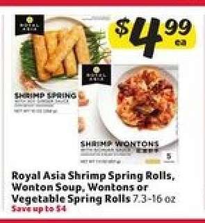 Royal Asia Shrimp Spring Rolls, Wonton Soup, Wontons or Vegetable Spring Rolls