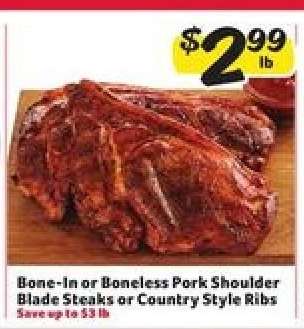 Bone-In or Boneless Pork Shoulder Blade Steaks or Country Style Ribs