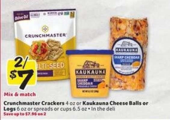 Crunchmaster Crackers or Kaukauna Cheese Balls or Logs