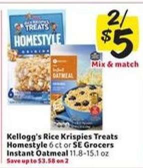 Kellogg's Rice Krispies Treats Homestyle 6 ct or SE Grocers Instant Oatmeal 11.8-15.1 oz
