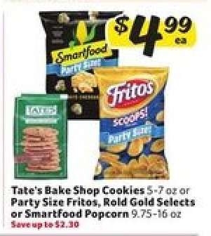 Tate's Bake Shop Cookies or Party Size Fritos, Rold Gold Selects or Smartfood Popcorn