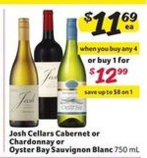 Josh Cellars Cabernet or Chardonnay or Oyster Bay Sauvignon Blanc