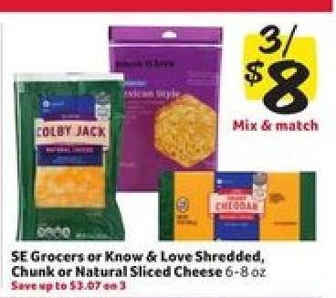 SE Grocers or Know & Love Shredded, Chunk or Natural Sliced Cheese