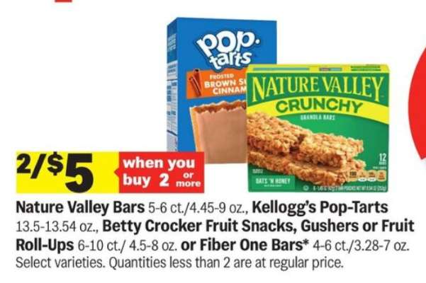 Nature Valley Bars, Kellogg’s Pop-Tarts, Betty Crocker Fruit Snacks, Gushers or Fruit Roll-Ups, Fiber One Bars