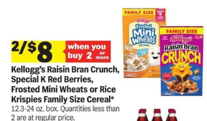 Kellogg’s Raisin Bran Crunch, Special K Red Berries, Frosted Mini Wheats or Rice Krispies Family Size Cereal
