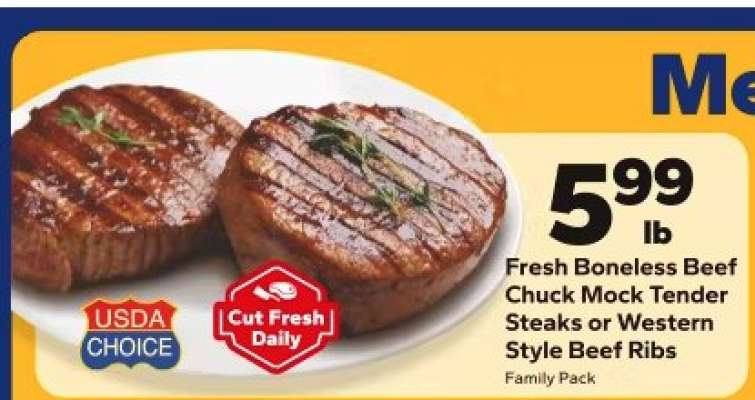 Fresh Boneless Beef Chuck Mock Tender Steaks or Western Style Beef Ribs