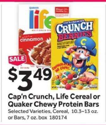 Cap'n Crunch, Life Cereal or Quaker Chewy Protein Bars