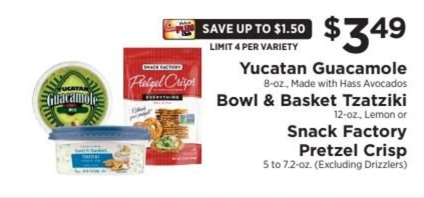 Yucatan Guacamole, Bowl & Basket Tzatziki, or Snack Factory Pretzel Crisp