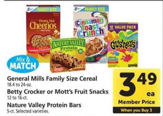 General Mills Family Size Cereal, Betty Crocker or Mott’s Fruit Snacks, Nature Valley Protein Bars