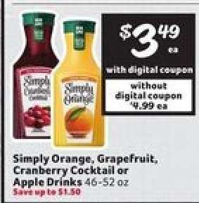 Simply Orange, Grapefruit, Cranberry Cocktail or Apple Drinks