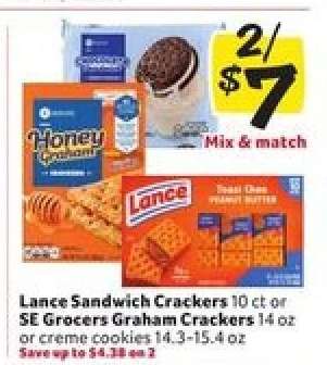 Lance Sandwich Crackers or SE Grocers Graham Crackers or creme cookies