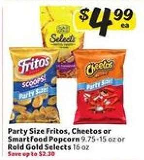 Party Size Fritos, Cheetos or SmartFood Popcorn or Rold Gold Selects