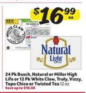 Busch, Natural, Miller High Life, White Claw, Truly, Vizzy, Topo Chico, Twisted Tea