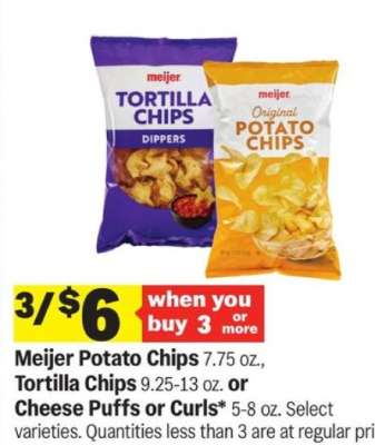 Meijer Potato Chips, Tortilla Chips, Cheese Puffs or Curls