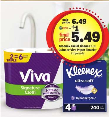Kleenex Facial Tissues 4 pk. Cube or Viva Paper Towels