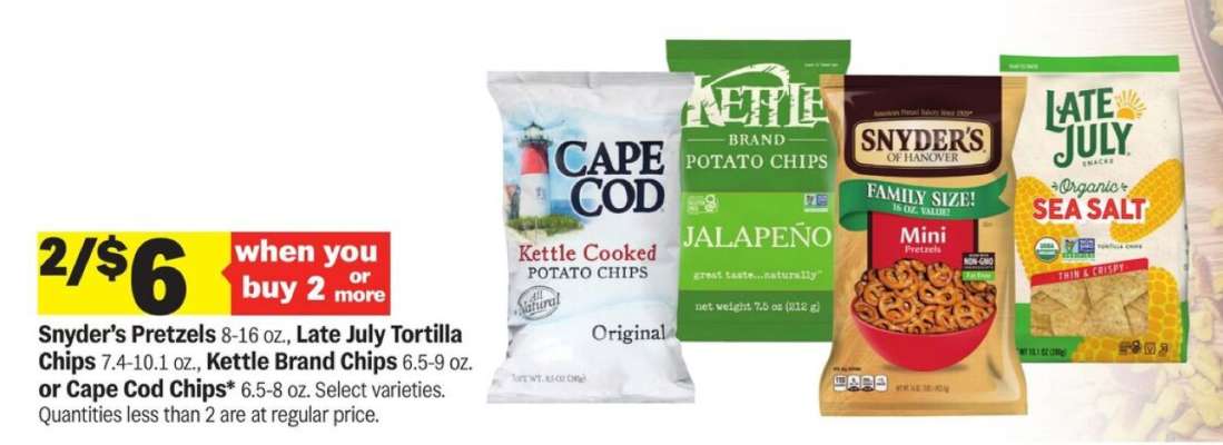 Snyder's Pretzels, Late July Tortilla Chips, Kettle Brand Chips, Cape Cod Chips