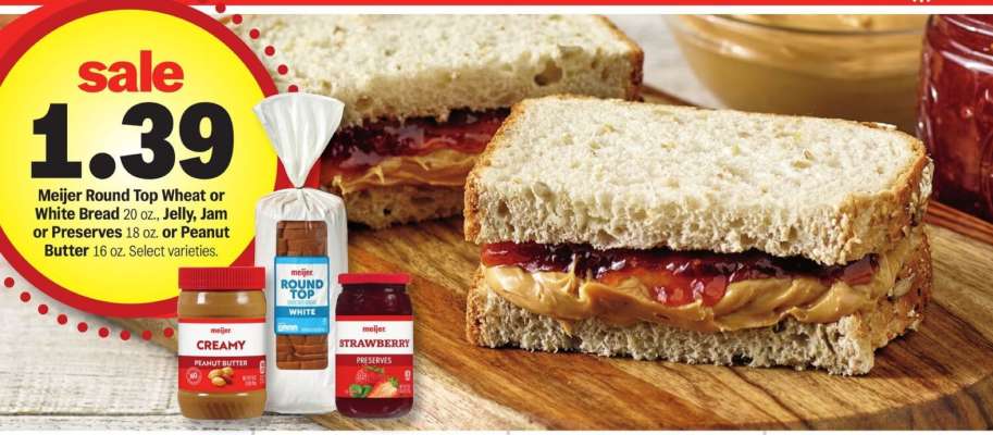 Meijer Round Top Wheat or White Bread, Jelly, Jam, Preserves, Peanut Butter