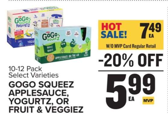 GOGO SQUEEZ APPLESAUCE, YOGURTZ, OR FRUIT & VEGGIEZ