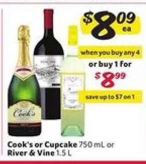 Cook's or Cupcake 750 mL or River & Vine 1.5 L