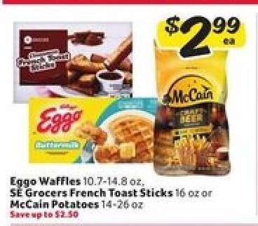 Eggo Waffles, SE Grocers French Toast Sticks, McCain Potatoes
