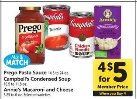 Prego Pasta Sauce, Campbell's Condensed Soup, Annie's Macaroni and Cheese