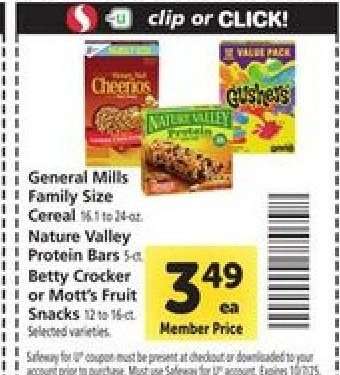 General Mills Family Size Cereal, Nature Valley Protein Bars, Betty Crocker or Mott's Fruit Snacks