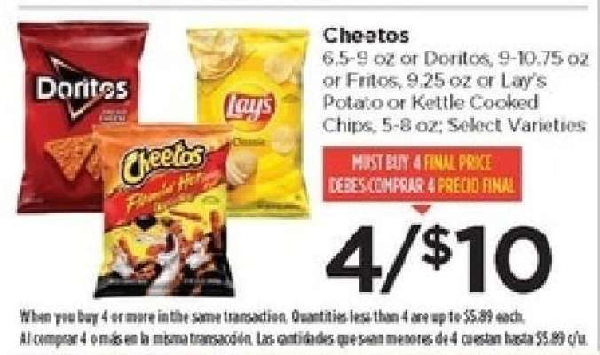 Cheetos, Doritos, Fritos, Lay's Potato or Kettle Cooked Chips