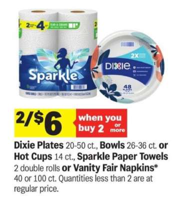 Dixie Plates, Bowls, Hot Cups, Sparkle Paper Towels, Vanity Fair Napkins