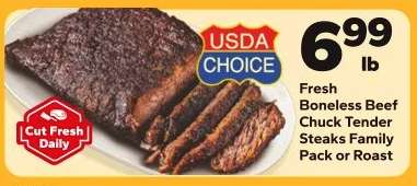 Fresh Boneless Beef Chuck Tender Steaks Family Pack or Roast