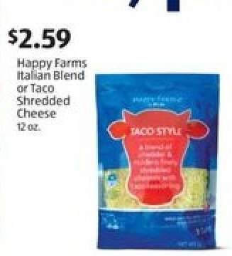 Happy Farms Italian Blend or Taco Shredded Cheese