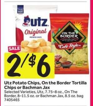 Utz Potato Chips, On the Border Tortilla Chips or Bachman Jax