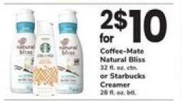 Coffee-Mate Natural Bliss or Starbucks Creamer